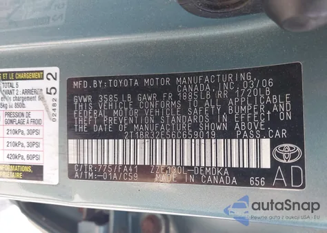 2006 Toyota Corolla Ce z USA, uszkodzony, nr VIN 2T1BR32E56C659019